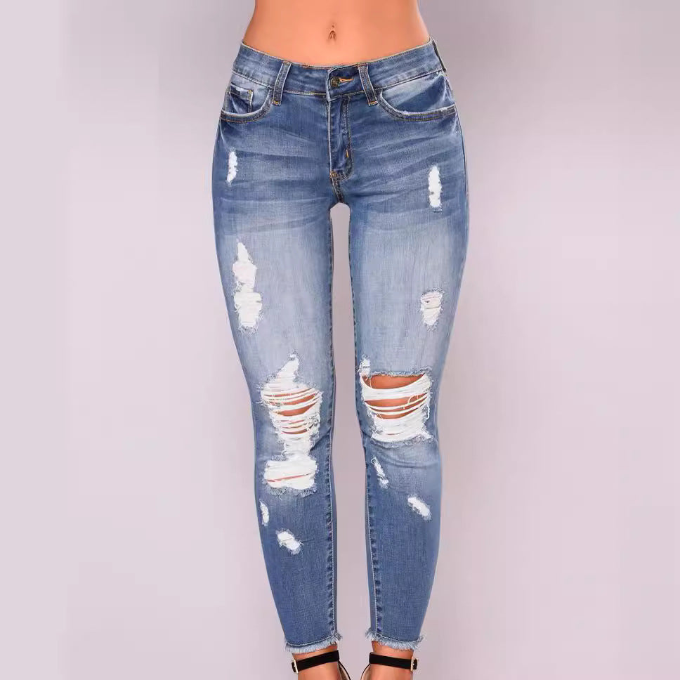 Elastic slim fit ripped small leg jeans